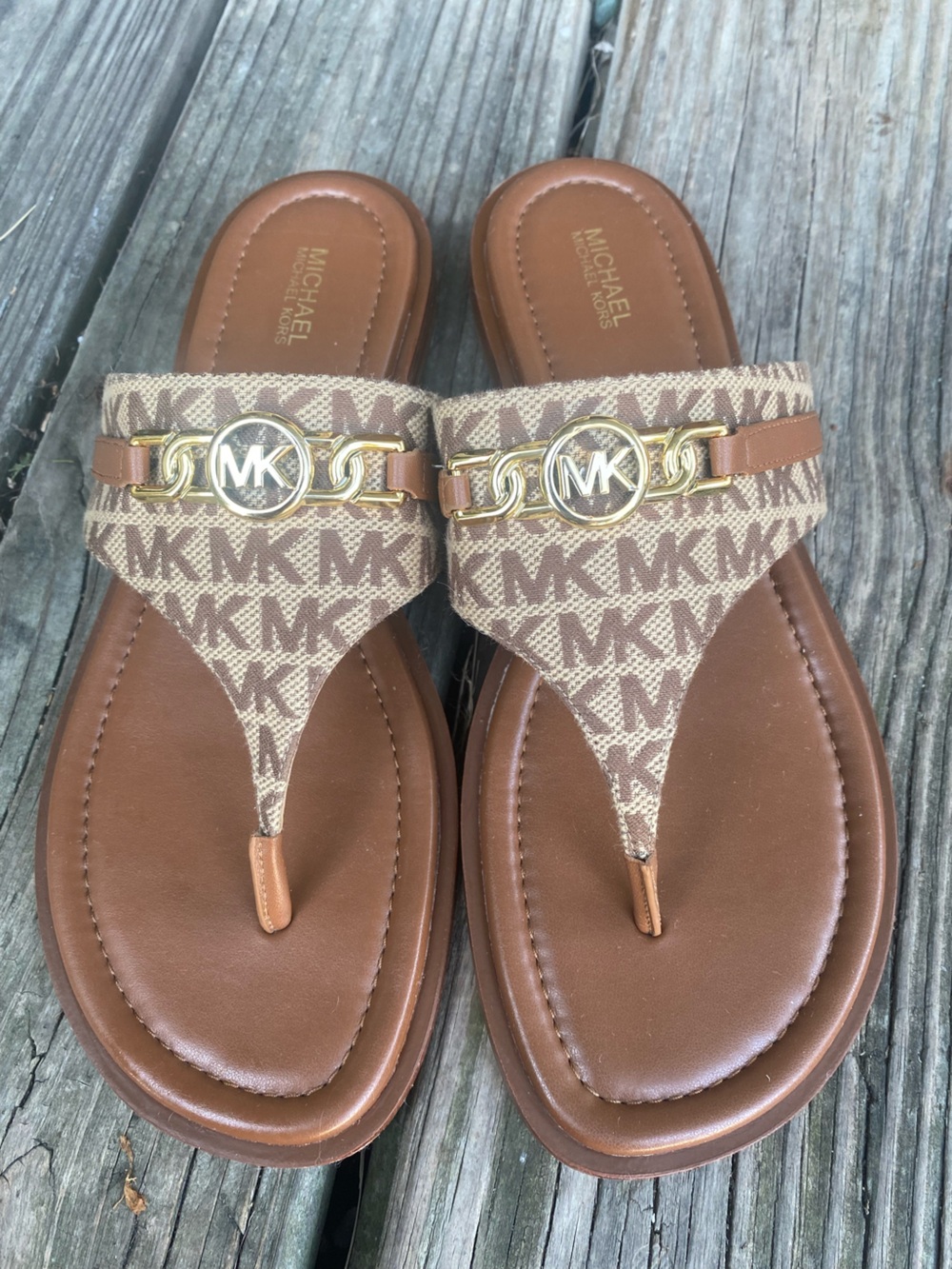 Michael Kors Brown Tan Logo Thong Sandals with Gold MK Hardware